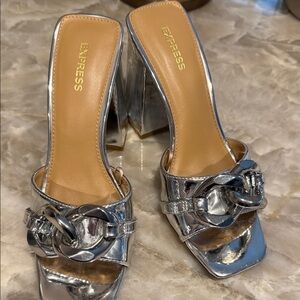 Express Metallic Silver Heeled Mules